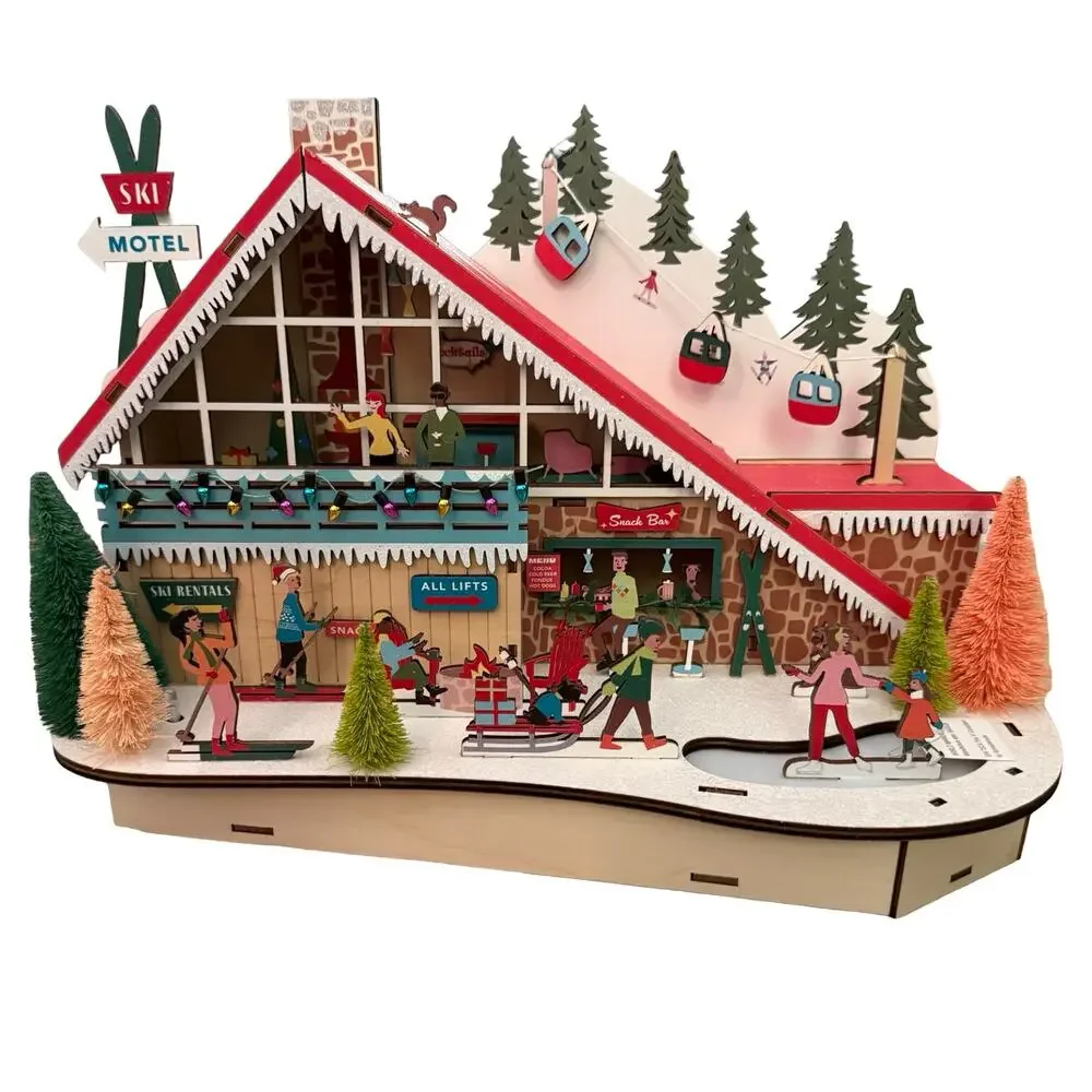 Mid-Century Modern Ski Lodge Large Light Up LED Christmas Decor Laser Wood NEW